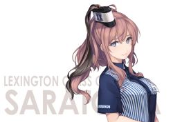 Rule 34 | 1girl, blouse, blue eyes, blue shirt, brown hair, character name, hair between eyes, kantai collection, long hair, rokuwata tomoe, saratoga (kancolle), shirt, side ponytail, simple background, smile, solo, striped clothes, striped shirt, vertical-striped clothes, vertical-striped shirt, white background