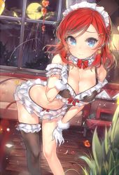 Rule 34 | 10s, 1girl, bad id, bad pixiv id, black bra, black thighhighs, blush, bra, breasts, cleavage, earrings, frilled skirt, frills, fur trim, gloves, hair ornament, hairclip, heart, hill, jewelry, large breasts, leaf, leaning forward, love live!, love live! school idol project, maid, maid headdress, navel, nishikino maki, purple eyes, red hair, revision, short hair, single thighhigh, skirt, solo, strap pull, thighhighs, underwear, underwear only, white gloves, window, yuran