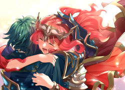 Rule 34 | 1boy, 1girl, alm (fire emblem), armor, blue armor, blush, cape, celica (fire emblem), commentary request, couple, dated, earrings, closed eyes, fingerless gloves, fire emblem, fire emblem echoes: shadows of valentia, fire emblem heroes, from behind, gloves, green hair, hand on another&#039;s head, happy, headpiece, hetero, hug, husband and wife, jewelry, long hair, misu kasumi, nintendo, open mouth, red cape, red hair, revision, short hair, smile