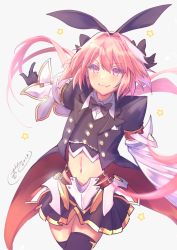 Rule 34 | 1boy, armor, astolfo (fate), astolfo (saber) (fate), belt, black bow, black bowtie, black gloves, black jacket, black ribbon, black skirt, black thighhighs, blush, bow, bowtie, buttons, chain, closed mouth, coattails, crop top, crossdressing, fang, fate/grand order, fate (series), faulds, gloves, hair between eyes, hair bow, hair intakes, hair ribbon, ittokyu, jacket, juliet sleeves, long hair, long sleeves, looking at viewer, low twintails, male focus, midriff, miniskirt, multicolored hair, navel, open clothes, open jacket, pink hair, pleated skirt, puffy sleeves, purple eyes, ribbon, skirt, smile, solo, star (symbol), streaked hair, thighhighs, thighs, trap, twintails, white hair, wide sleeves, wing collar