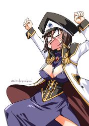 Rule 34 | 1girl, anger vein, angry, arms up, between breasts, black-framed eyewear, black choker, black dress, black hair, black hat, blank eyes, bob cut, breasts, brooch, choker, cleavage cutout, clothing cutout, coat, commentary, cosplay, dress, epaulettes, forte stollen, forte stollen (cosplay), frown, galaxy angel, girls und panzer, hat, highres, inoue yoshihisa, jewelry, juliet sleeves, kawashima momo, large breasts, long coat, long dress, long sleeves, looking to the side, monocle, open mouth, outside border, peaked cap, puffy sleeves, raised fist, ribbon choker, semi-rimless eyewear, short hair, side slit, simple background, solo, standing, textless version, twitter username, under-rim eyewear, uniform, v-shaped eyebrows, v-shaped eyes, white background, white coat