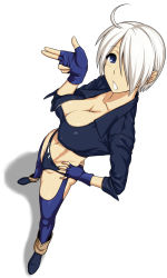 Rule 34 | 1girl, ahoge, angel (kof), boots, breasts, cleavage, crop top, fingerless gloves, from above, full body, gloves, hair over one eye, hand on own hip, hip focus, large breasts, looking up, midriff, navel, shadow, short hair, simple background, snk, solo, st.germain-sal, the king of fighters, thighhighs, white hair