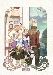 Rule 34 | 10s, 1girl, atelier (series), atelier escha &amp; logy, breasts, choker, cleavage, collarbone, escha malier, gloves, green eyes, grey gloves, hand on own hip, hat, hidari (left side), logix ficsario, long hair, looking away, medium breasts, mini hat, official art, pink hair, silver hair, skirt, spiked hair, thighhighs, twintails, white thighhighs