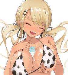 Rule 34 | 1girl, animal print, barbell piercing, between breasts, bikini, black ribbon, blonde hair, bottle, breasts, cleavage, closed eyes, commentary request, cow print, cow print bikini, dark-skinned female, dark skin, ear piercing, fang, floating hair, grabbing own breast, gyaru, hair ornament, hair ribbon, hhh8 8, highres, kaminari qpi, large breasts, lightning bolt piercing, long hair, low twintails, milk, milk bottle, open mouth, partial commentary, piercing, print bikini, ribbon, sexually suggestive, simple background, smile, solo, string bikini, suggestive fluid, swept bangs, swimsuit, teeth, twintails, upper body, upper teeth only, variant set, virtual youtuber, vspo!, white background, x hair ornament