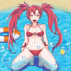 Rule 34 | 1girl, alternate hair color, alternate hairstyle, bare shoulders, bikini, hair ornament, jinx (league of legends), league of legends, long hair, magical girl, red eyes, red hair, solo, star guardian (league of legends), star guardian jinx, swimsuit, teeth, twintails, very long hair