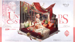 Rule 34 | 1girl, arknights, bed, book, bookshelf, bow, doctor (arknights), earrings, erato (arknights), erato (untold stories) (arknights), feather hair, glass, hair ornament, highres, jewelry, long hair, looking at viewer, official art, orange eyes, pallas (arknights), pillow, pink hair, ponytail, slippers, socks, thigh strap, white bow, white footwear, white socks, window
