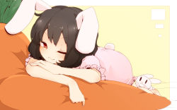 Rule 34 | 1girl, :3, animal, animal ears, aoi (annbi), black hair, blush, carrot, dress, frills, inaba tewi, looking at viewer, one eye closed, pink dress, puffy sleeves, rabbit, rabbit ears, rabbit girl, rabbit tail, red eyes, short hair, short sleeves, simple background, smile, solo, tail, touhou, wink, yellow background