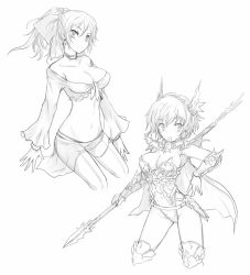 Rule 34 | breasts, character request, cleavage, commentary request, dragoon (final fantasy), final fantasy, final fantasy vi, greyscale, kara (color), leotard, looking at viewer, monochrome, multiple girls, pantyhose, polearm, short hair, smile, spear, weapon