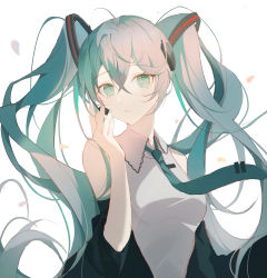 Rule 34 | 1girl, absurdres, blue hair, blue necktie, breasts, closed mouth, collared shirt, commentary request, crossed bangs, detached sleeves, green eyes, green nails, grey shirt, hair between eyes, hair ornament, hand up, hatsune miku, headset, highres, long hair, looking at viewer, medium breasts, nail polish, necktie, neckwear lift, petals, shirt, simple background, solo, twintails, upper body, vocaloid, white background, wide sleeves, yiyizi