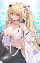 Rule 34 | 1girl, absurdres, anchorage (azur lane), anchorage (dolphins and swim lessons) (azur lane), azur lane, bare shoulders, bikini, blush, breasts, hair between eyes, hair ribbon, highres, inflatable orca, inflatable toy, jacket, large breasts, light brown hair, long hair, looking at viewer, official alternate costume, open mouth, outdoors, ribbon, see-through, see-through jacket, see-through sleeves, soar sora222, swimsuit, thighhighs, thighs, twintails, very long hair, white bikini, white thighhighs