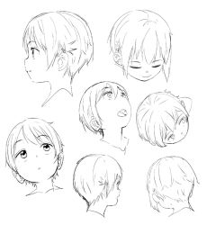 Rule 34 | 1girl, closed eyes, female focus, looking up, monochrome, open mouth, original, profile, satsuyo, short hair, smile, solo, tomboy