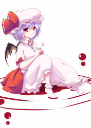 Rule 34 | 1girl, bat wings, blush, coo (coonekocoo), female focus, fingers together, hat, highres, index fingers together, light purple hair, no shoes, red eyes, remilia scarlet, skirt, skirt set, solo, touhou, wings