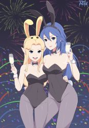 Rule 34 | 2girls, absurdres, alcohol, alternate breast size, animal ears, black leotard, black neckwear, blonde hair, blue eyes, blue hair, bow, bowtie, breasts, champagne, champagne flute, cleavage, collar, confetti, cowboy shot, cup, detached collar, drinking glass, elf, facing viewer, fake animal ears, fire emblem, fire emblem awakening, fireworks, hair between eyes, highres, hover hand, hug, large breasts, leotard, long hair, looking at viewer, lucina (fire emblem), medium breasts, multiple girls, night, night sky, nintendo, open mouth, pantyhose, parted bangs, playboy bunny, pointy ears, princess zelda, rabbit ears, rabbit tail, sidelocks, sky, smile, standing, strapless, strapless leotard, super smash bros., tail, the legend of zelda, the legend of zelda: a link between worlds, thighs, white collar, wine glass, wrist cuffs