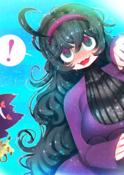 Rule 34 | !, 1girl, @ @, ahoge, alternate breast size, arm up, artist name, black eyes, blue background, blue hair, blush, breasts, colored sclera, creatures (company), dress, female focus, game freak, gen 1 pokemon, gen 7 pokemon, gengar, hair between eyes, hairband, hakkasame, happy, hex maniac (pokemon), highres, large breasts, long hair, long sleeves, mimikyu, nintendo, nose blush, npc trainer, open mouth, peeking out, pokemon, pokemon (creature), pokemon xy, purple dress, purple eyes, purple hairband, red sclera, signature, simple background, smile, solo, solo focus, speech bubble, spoken exclamation mark, standing, striped, striped background, sweat, teeth, turtleneck, twitter username, very long hair, wavy hair, wavy mouth