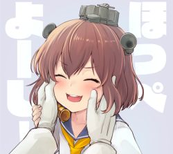Rule 34 | 1boy, 1girl, text background, blue sailor collar, brown eyes, brown hair, closed eyes, dress, grey background, hair between eyes, hair intakes, hands on another&#039;s face, headgear, headset, kantai collection, neckerchief, sailor collar, sailor dress, short hair, simple background, smile, speaking tube headset, translation request, upper body, watanore, yellow neckerchief, yukikaze (kancolle)