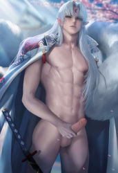 Rule 34 | 1boy, abs, erection, foreskin, hand on penis, highres, inuyasha, long hair, male focus, muscular, penis, penis grab, pointy ears, sakimichan, sesshoumaru, silver hair, smile, solo, undressing