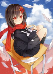 Rule 34 | 1girl, black hair, black skirt, black socks, desk, enpera, fei miao, hair ornament, highres, kagerou project, looking at viewer, red eyes, red scarf, scarf, school desk, school uniform, sitting, skirt, socks, solo, tateyama ayano