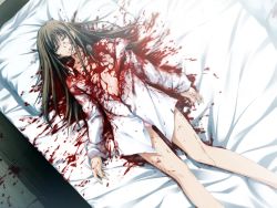 Rule 34 | 1girl, bed, blood, blue eyes, brown hair, death, dress shirt, dutch angle, ero guro, flat chest, from above, game cg, guro, innocent grey, knife, legs, long hair, lying, no bra, no pants, off shoulder, on back, open clothes, open mouth, open shirt, panties, pianissimo, pillow, pink panties, pp: pianissimo, shirakawa ayane, shirt, solo, sugina miki, underwear, weapon