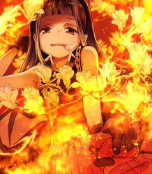 Rule 34 | 1girl, black hair, blunt bangs, burning, chain, fire, flower, gloves, grin, highres, magia record: mahou shoujo madoka magica gaiden, magical girl, mahou shoujo madoka magica, oka (umanihiki), ooba juri, petals, red eyes, smile
