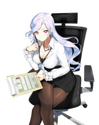 Rule 34 | 1girl, :t, black pantyhose, black skirt, black undershirt, bow, bracelet, breasts, bright pupils, business suit, chair, cleavage, clipboard, closers, collared shirt, crossed legs, dress shirt, feet out of frame, formal, frilled sleeves, frills, from above, furrowed brow, hand up, highres, holding, holding clipboard, holding pen, id card, jewelry, lanyard, large breasts, long hair, long sleeves, looking at viewer, miniskirt, mirae (closers), office chair, office lady, official art, on chair, pantyhose, paper, partially unbuttoned, pen, pencil skirt, pendant, pout, red eyes, shirt, shirt tucked in, shirt under shirt, sitting, skirt, skirt suit, sleeve bow, solo, suit, swivel chair, white background, white bow, white hair, white pupils, white shirt