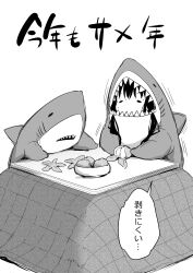 Rule 34 | 1girl, absurdres, airandou, animal costume, bowl, closed eyes, commentary request, facing viewer, food, fruit, greyscale, hair between eyes, highres, holding, holding food, kotatsu, long hair, low twintails, mandarin orange, monochrome, motion lines, original, shark costume, sharp teeth, simple background, solo, stuffed animal, stuffed shark, stuffed toy, table, teeth, translation request, twintails, white background