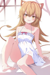 Rule 34 | 1girl, absurdres, animal ear fluff, animal ears, blush, breasts, brown hair, collarbone, commentary request, dress, fumi (fumibeing), hair between eyes, highres, indie virtual youtuber, indoors, knee up, lion ears, lion girl, lion tail, long hair, looking at viewer, open mouth, rurudo lion, rurudo lion (1st costume), sidelocks, sitting, sleeveless, sleeveless dress, small breasts, solo, sundress, tail, virtual youtuber, white dress, yellow eyes