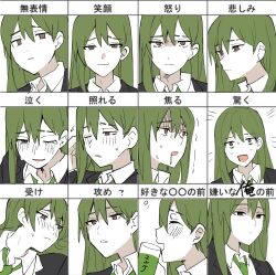 Rule 34 | 1boy, black jacket, blush, brown hair, collared shirt, commentary request, crying, cup, double-parted bangs, drinking, enkephalin (project moon), expression chart, green hair, green necktie, highres, holding, holding cup, jacket, lobotomy corporation, long hair, mu46016419, multiple views, necktie, netzach (project moon), open mouth, portrait, project moon, shirt, sidelocks, smile, surprised, sweat, translation request, very long hair, white shirt