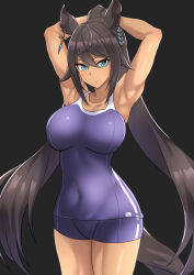 Rule 34 | 1girl, animal ears, aqua eyes, arms up, black background, black hair, blue one-piece swimsuit, breasts, closed mouth, commentary request, cowboy shot, dark-skinned female, dark skin, earrings, from side, hair between eyes, highres, horse ears, horse girl, horse tail, jewelry, large breasts, long hair, looking at viewer, mihe, one-piece swimsuit, ponytail, single earring, solo, swimsuit, symboli kris s (umamusume), tail, tracen swimsuit, umamusume, very long hair, water
