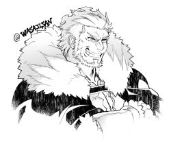Rule 34 | armor, beard, breastplate, cape, cross-eyed, crossed arms, excited, facial hair, fate/grand order, fate (series), fur collar, greyscale, iskandar (fate), leather, male focus, monochrome, pectorals, red eyes, red hair, smile, solo, teeth, upper body, wasaji, white background