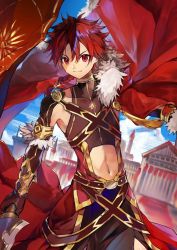Rule 34 | 1boy, alexander (fate), architecture, blurry, blurry background, clothing cutout, collared cape, commentary request, fate/grand order, fate (series), greco-roman architecture, hair between eyes, highres, holding, holding sword, holding weapon, leotard, looking at viewer, midriff peek, navel, navel cutout, outdoors, outstretched arm, red eyes, red hair, short hair with long locks, solo, stomach, stomach cutout, sword, weapon, zyalingguang