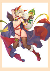 Rule 34 | 1girl, arm behind head, bare shoulders, bell, bigrbear, blonde hair, blue cape, boots, breasts, brown gloves, brown thighhighs, cape, choker, christmas tree, flat chest, full body, gloves, gluteal fold, green eyes, hair ornament, highres, holding, looking at viewer, multicolored cape, multicolored clothes, navel, nipples, original, red cape, revision, short hair, small breasts, smile, solo, thighhighs, white background