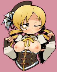 Rule 34 | 10s, 1girl, beret, blonde hair, breasts, cum, cum on body, cum on breasts, cum on upper body, detached sleeves, drill hair, female focus, fingerless gloves, gloves, hat, inverted nipples, mahou shoujo madoka magica, mahou shoujo madoka magica (anime), nipples, short hair, simple background, solo, soxy, tomoe mami, twintails