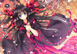 Rule 34 | 1girl, animal ears, bell, black hair, blue eyes, hand on another&#039;s chest, hands on own chest, japanese clothes, long hair, lying, magatama, on back, original, petals, riv (rivleaf), solo