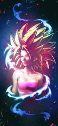 Rule 34 | 1girl, absurdres, aqua eyes, bare shoulders, blonde hair, breasts, caulifla, collarbone, commentary request, dragon ball, dragon ball super, highres, kanchiyo, looking to the side, pink tube top, pink tubetop, signature, small breasts, solo, spiked hair, strapless, super saiyan, tube top