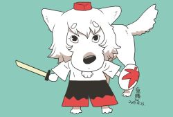 Rule 34 | animal ears, commentary request, cosplay, dated, dog, green background, hat, inubashiri momiji, inubashiri momiji (cosplay), leaf, looking at viewer, maple leaf, onikobe rin, pants, pom pom (clothes), shield, shirt, signature, simple background, sword, tokin hat, touhou, weapon, wig, wolf ears