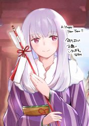 Rule 34 | 1girl, airisuotog, alternate costume, closed mouth, fire emblem, fire emblem: three houses, happy new year, highres, japanese clothes, kimono, long hair, long sleeves, lysithea von ordelia, new year, nintendo, obi, pink eyes, sash, smile, solo, upper body, white hair, wide sleeves