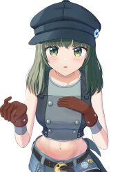 Rule 34 | 1girl, absurdres, belt chain, bike shorts, bike shorts under shorts, black hair, cabbie hat, crescent belt buckle, crop top, denim, denim shorts, final fantasy, final fantasy vii, final fantasy vii remake, gloves, hand on own chest, hat, hat pin, highres, honda dousuiyuu, kyrie canaan, leaning forward, navel, shorts, simple background, sleeveless, solo, stomach