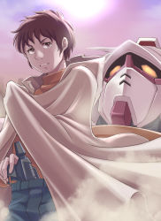 Rule 34 | 1boy, absurdres, amuro ray, brown eyes, brown hair, cape, day, gun, gun in pants, gundam, highres, looking at viewer, mecha, mobile suit, mobile suit gundam, nikulas cage, outdoors, purple sky, robot, rx-78-2, sky, solo, standing, weapon, white cape