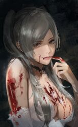Rule 34 | 1girl, alternate costume, bare shoulders, blood, blood on clothes, blood on face, blood on hands, breasts, brown eyes, cleavage, commentary, detached sleeves, dress, english commentary, finger to mouth, fire emblem, fire emblem awakening, grey hair, highres, j@ck, lips, long hair, looking at viewer, medium breasts, nintendo, pink lips, robin (female) (fire emblem), robin (fire emblem), smile, solo, strapless, strapless dress, twintails, white dress, white sleeves