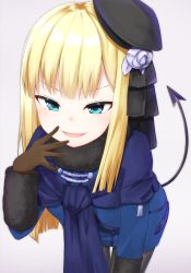 Rule 34 | 1girl, :d, beret, black hat, black pantyhose, black ribbon, blonde hair, blue dress, blue eyes, brown gloves, commentary request, demon tail, dress, fate (series), flower, fur collar, gloves, grey background, hair flower, hair ornament, hat, highres, leaning forward, long hair, long sleeves, lord el-melloi ii case files, nenosame, open mouth, pantyhose, reines el-melloi archisorte, ribbon, rose, simple background, smile, solo, tail, tilted headwear, v-shaped eyebrows, very long hair, white flower, white rose