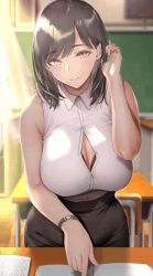 Rule 34 | 1girl, adjusting hair, animated, animated gif, bare shoulders, black bra, black hair, book, bra, breasts, chalkboard, classroom, clothes disappearing, completely nude, desk, disappearing clothes, gentsuki, highres, large breasts, looking at viewer, nude, open book, solo, underwear, watch, yellow eyes