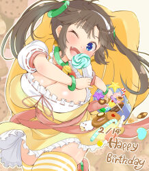 Rule 34 | 1girl, animal bag, backpack, bag, bell, blue eyes, blush, bow, bracelet, breasts, brown hair, bucket, candy, choker, cleavage, cookie, dress, fang, food, food-themed background, green bracelet, green choker, hamster, hannya, happy birthday, headband, highres, holding, holding bag, holding bucket, holding candy, holding food, holding lollipop, jewelry, jingle bell, lace trim, large breasts, lollipop, minori (senran kagura), neck bell, one eye closed, orange thighhighs, red bow, ring hair ornament, ryou.r, senran kagura, skindentation, star (symbol), striped clothes, striped thighhighs, thighhighs, twintails, two-tone dress, white dress, wrapped candy, yellow dress