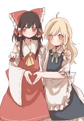 2girls ahoge apron ascot bad_id bad_pixiv_id black_skirt blonde_hair blush bow braid brown_hair closed_mouth detached_sleeves frilled_bow frilled_hair_tubes frills green_ribbon hair_bow hair_tubes hakurei_reimu hand_on_another&#039;s_shoulder heart heart_hands heart_hands_duo kirisame_marisa kosencha long_hair multiple_girls neck_ribbon no_headwear red_bow red_eyes red_skirt ribbon ribbon-trimmed_sleeves ribbon_trim single_braid skirt skirt_set sweatdrop touhou waist_apron white_apron white_bow yellow_ascot yellow_eyes