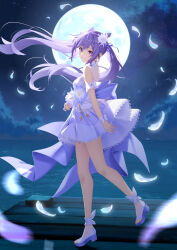 Rule 34 | 1girl, bare legs, bare shoulders, breasts, commentary, dress, earrings, flower, full body, full moon, genshin impact, gloves, grin, hair flower, hair ornament, highres, jewelry, keqing (genshin impact), long hair, looking at viewer, moon, night, night sky, outdoors, purple eyes, purple hair, shoes, short dress, sky, small breasts, smile, solo, standing, twintails, tyenka7728, very long hair, water, white dress, white flower, white gloves