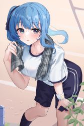 Rule 34 | 1girl, alternate breast size, alternate costume, asymmetrical hair, black shorts, black socks, blue eyes, blue hair, blush, breasts, commentary, eyelashes, feet out of frame, hair ribbon, hand on own knee, highres, hololive, hoshimachi suisei, leaning forward, light blue hair, long hair, looking at viewer, medium breasts, open mouth, outdoors, plaid towel, ribbon, shirt, short sleeves, shorts, side ponytail, socks, solo, soyoghi, standing, sweatband, towel, towel around neck, virtual youtuber, white shirt