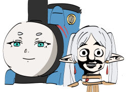 Rule 34 | 1boy, 1girl, aqua eyes, commentary, crossover, drop earrings, earrings, elf, faceswap, frieren, jewelry, locomotive, looking at viewer, mechanization, parted bangs, personification, perutore, pointy ears, sanpaku, shaded face, simple background, smile, sousou no frieren, staring, steam locomotive, teeth, thomas the tank engine, thomas the tank engine (character), train, twintails, upper teeth only, white background