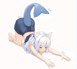 Rule 34 | &gt; &lt;, 1girl, absurdres, animal ears, auuufox, barefoot, blue hair, blue skirt, blush, cat ears, cat stretch, fins, fish tail, full body, gawr gura, gawr gura (casual), highres, hololive, hololive english, long hair, multicolored hair, shark tail, skirt, solo, streaked hair, stretching, tail, top-down bottom-up, virtual youtuber, white background, white hair