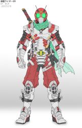 Rule 34 | 1boy, antennae, armor, armored boots, boots, chinese commentary, commentary request, dagger, full body, gauntlets, glowing, glowing eyes, green eyes, green scarf, highres, kamen rider, kamen rider zx, knife, male focus, mask, pants, red armor, red mask, red pants, scarf, shoulder armor, simple background, solo, standing, sword, weapon, weapon on back, white armor, white background, white footwear, xiangzi box