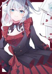 Rule 34 | 1girl, black bow, black bowtie, blue eyes, bow, bowtie, card, divergenceok, dress, frills, highres, indie virtual youtuber, kagura nana, long sleeves, red dress, ribbon, solo, two side up, white hair