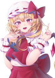 Rule 34 | 1girl, :d, absurdres, ascot, back bow, blush, bow, commentary request, crystal, fang, fat123, flandre scarlet, frilled shirt collar, frills, hair between eyes, hands up, hat, hat bow, head tilt, highres, index finger raised, looking at viewer, mob cap, nail polish, one side up, open mouth, pointy ears, puffy short sleeves, puffy sleeves, red bow, red eyes, red nails, red skirt, red vest, short sleeves, simple background, skirt, slit pupils, smile, solo, star (symbol), star in eye, symbol in eye, touhou, upper body, vest, white background, white hat, wings, wrist cuffs, yellow ascot